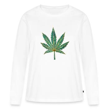 Imprimé orné en feuilles dorées turquoise - T-shirt manches longues Premium bio Femme - blanc - Devant - Julia (174cm)
