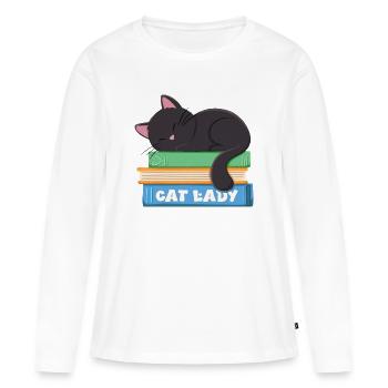 La dame aux chats qui dort un chat noir dans les livres - T-shirt manches longues Premium bio Femme - blanc - Devant - Julia (174cm)