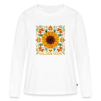 Motif de tournesol – Motif floral « Golden Hour » - T-shirt manches longues Premium bio Femme - blanc - Devant - Julia (174cm)