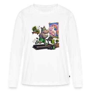 Rhinocéros sur tapis roulant devant une licorne photo - T-shirt manches longues Premium bio Femme - blanc - Devant - Julia (174cm)