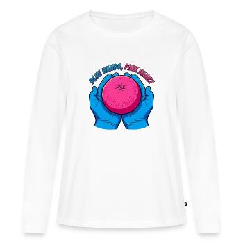 Mains bleues et fruits roses – Pop Art - T-shirt manches longues Premium bio Femme - blanc - Devant - Julia (174cm)