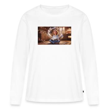 La magie de la lecture : Fille aux livres volants dans un couillet - T-shirt manches longues Premium bio Femme - blanc - Devant - Julia (174cm)