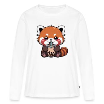 Panda rouge buvant du bubble tea Kawaii - T-shirt manches longues Premium bio Femme - blanc - Devant - Julia (174cm)