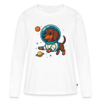 Teckel dans l’espace – Petit chien astronaute mignon - T-shirt manches longues Premium bio Femme - blanc - Devant - Julia (174cm)
