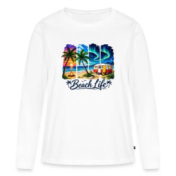 Vie à la plage : Coucher de soleil et camper - T-shirt manches longues Premium bio Femme - blanc - Devant - Julia (174cm)