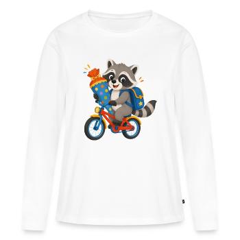 Raton laveur avec cône d’école sur vélo - T-shirt manches longues Premium bio Femme - blanc - Devant - Julia (174cm)