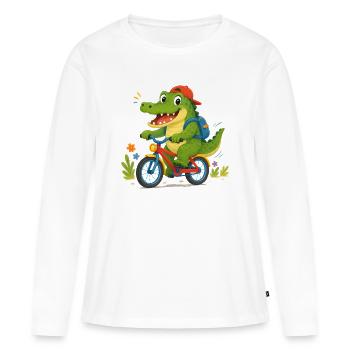 Crocodile joyeux allant à l’école à vélo - T-shirt manches longues Premium bio Femme - blanc - Devant - Julia (174cm)