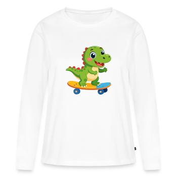 Petit dinosaure vert sur le skateboard – Skater Fun - T-shirt manches longues Premium bio Femme - blanc - Devant - Julia (174cm)