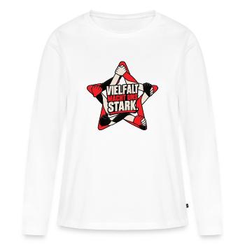 Vielfalt macht uns stark – Gegen Rechts - Frauen Premium Bio Langarmshirt - Weiß - Vorne - Julia (174cm)