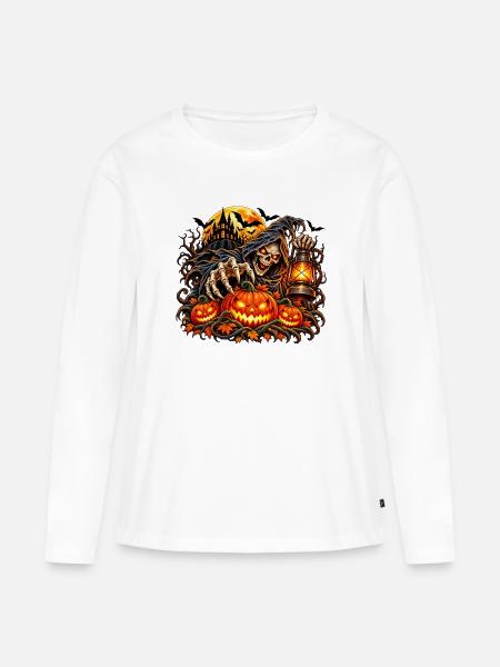 Grim Reaper Halloween Kürbis-Szene - Frauen Premium Bio Langarmshirt - Weiß