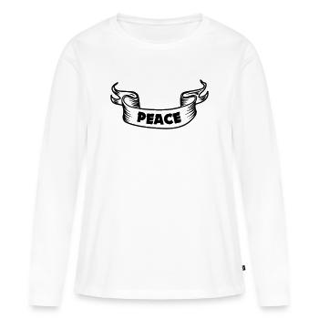 Bannertext mit dem Wort "Frieden FRIEDEN" - Frauen Premium Bio Langarmshirt - Weiß - Vorne - Julia (174cm)