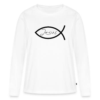 Jésus poisson noir Ichthys poisson poisson poisson - T-shirt manches longues Premium bio Femme - blanc - Devant - Julia (174cm)