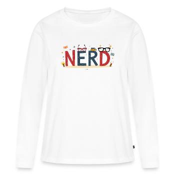Nerd en lettres géantes et lunettes - T-shirt manches longues Premium bio Femme - blanc - Devant - Julia (174cm)