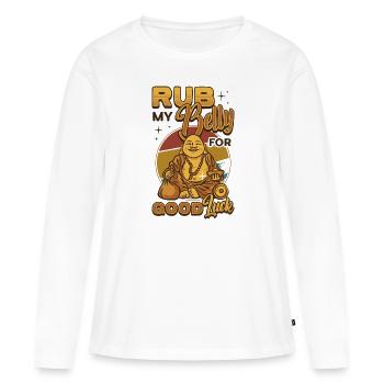 Frotte mon ventre pour la chance, drôle de Bouddha - T-shirt manches longues Premium bio Femme - blanc - Devant - Julia (174cm)