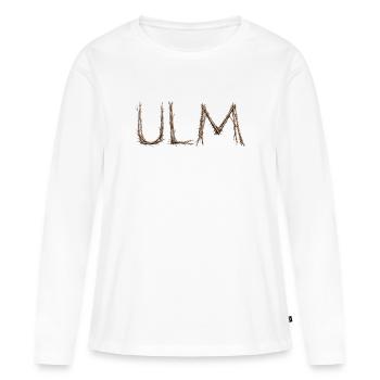 Lettrage ULM avec des brindilles posées par le moineau - T-shirt manches longues Premium bio Femme - blanc - Devant - Julia (174cm)