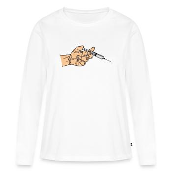 Spritze mit herauskommendem Tropf in der Hand - Frauen Premium Bio Langarmshirt - Weiß - Vorne - Julia (174cm)