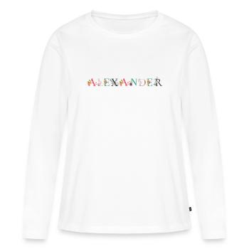 ALEXANDER Nom Art avec fleurs brodées - T-shirt manches longues Premium bio Femme - blanc - Devant - Julia (174cm)