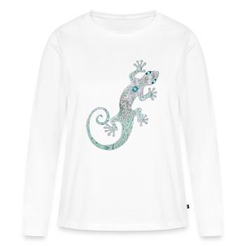 Ethno gecko d’argent et turquoise - T-shirt manches longues Premium bio Femme - blanc - Devant - Julia (174cm)