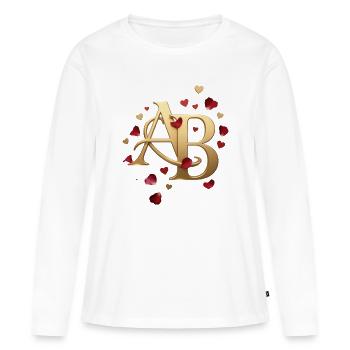 Logo en forme de cœur AB doré avec pétales de rose - T-shirt manches longues Premium bio Femme - blanc - Devant - Julia (174cm)