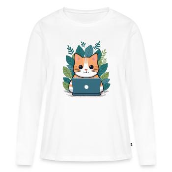 Un chat sur un ordinateur portable dans le bureau à domicile - T-shirt manches longues Premium bio Femme - blanc - Devant - Julia (174cm)