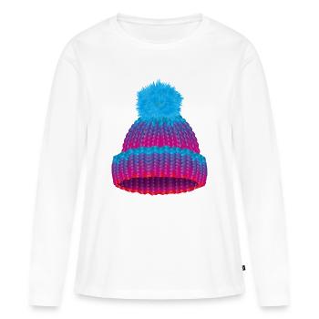 Bonnet coloré en tricot avec grand pompon - T-shirt manches longues Premium bio Femme - blanc - Devant - Julia (174cm)