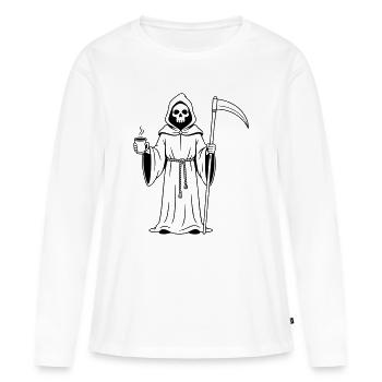 Faucheuse avec une tasse de café - T-shirt manches longues Premium bio Femme - blanc - Devant - Julia (174cm)