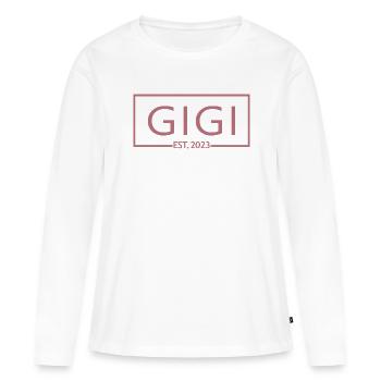 Gigi Est. 2023, Grand-mère en devenir, révélation de grossesse - T-shirt manches longues Premium bio Femme - blanc - Devant - Julia (174cm)
