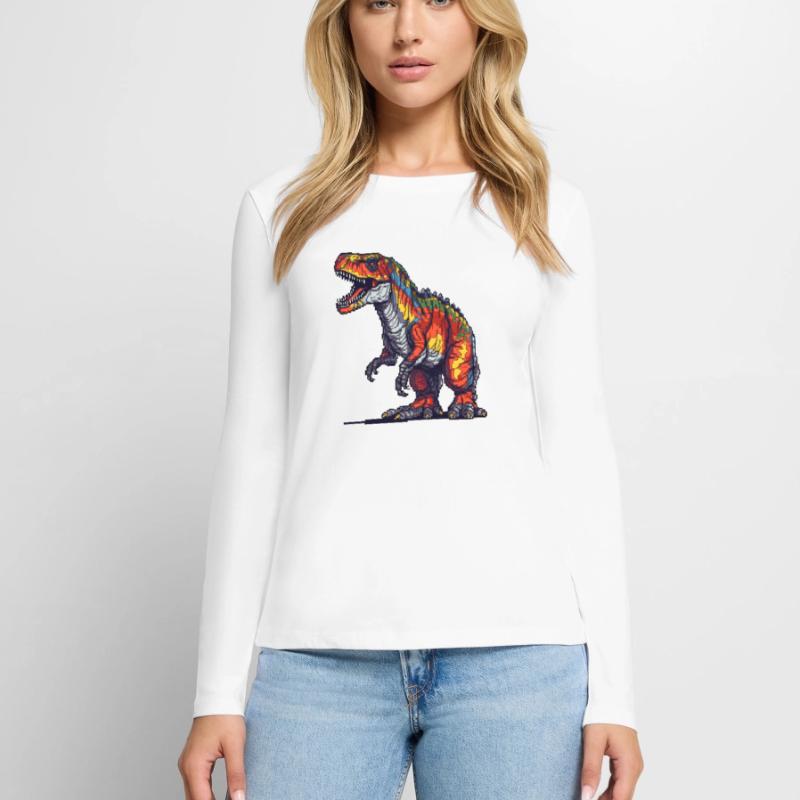 Dino in Retro Pixel Grafik 8-Bit oder 16-Bit Frauen Premium Bio Langarmshirt