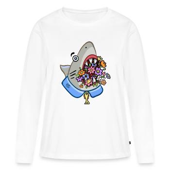 requin avec bouquet floral dans ses mâchoires - T-shirt manches longues Premium bio Femme - blanc - Devant - Julia (174cm)