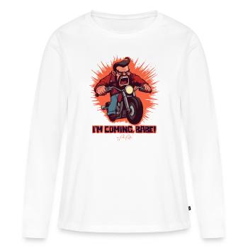 J'arrive, bébé ! Un motard de moto de dessin animé - T-shirt manches longues Premium bio Femme - blanc - Devant - Julia (174cm)