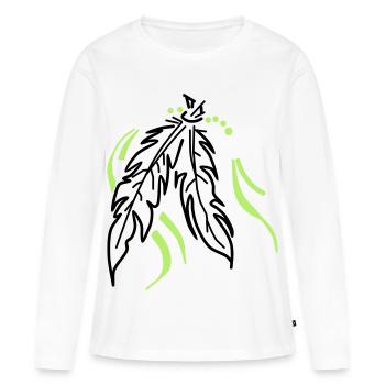 Liés ensemble – Plumes spirituelles - T-shirt manches longues Premium bio Femme - blanc - Devant - Julia (174cm)