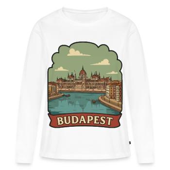 Autocollant rétro de voyage au Parlement de Budapest - T-shirt manches longues Premium bio Femme - blanc - Devant - Julia (174cm)