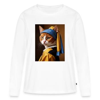 Le chat à la perle boucle d’oreille - T-shirt manches longues Premium bio Femme - blanc - Devant - Julia (174cm)