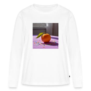 Orange festif sur table violette et confettis - T-shirt manches longues Premium bio Femme - blanc - Devant - Julia (174cm)