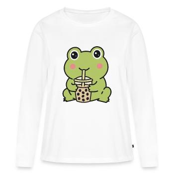 Süßer Kawaii-Frosch trinkt Bubble Tea Aufkleber - Frauen Premium Bio Langarmshirt - Weiß - Vorne - Julia (174cm)