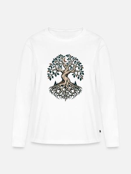 Lebensbaum mit Wurzeln und Mondsichel - Frauen Premium Bio Langarmshirt - Weiß