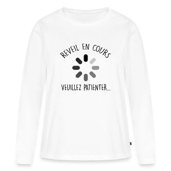 Réveil en cours | Cadeau Dormeur Humour - T-shirt manches longues Premium bio Femme - blanc - Devant - Julia (174cm)