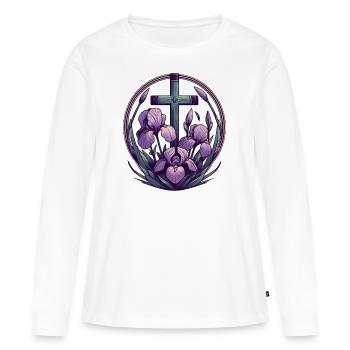 Croix chrétienne violet Iris - T-shirt manches longues Premium bio Femme - blanc - Devant - Julia (174cm)