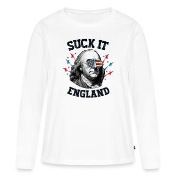 Suck It Angleterre 4 juillet Hommes USA Patriotic Ben - T-shirt manches longues Premium bio Femme - blanc - Devant - Julia (174cm)