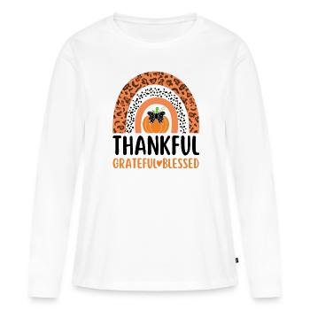 Thankful Blessed Autumn Pumpkin Leopard Gratitude - Women's Premium Organic Long Sleeve Shirt - white - Front - Julia (174cm)