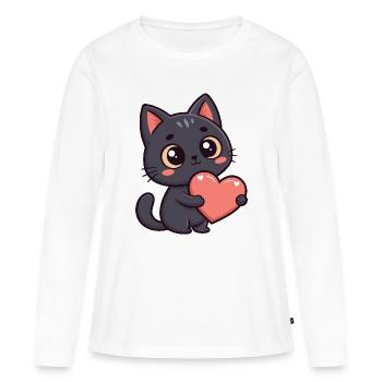 Chat noir cœur tendre - T-shirt manches longues Premium bio Femme - blanc - Devant - Julia (174cm)