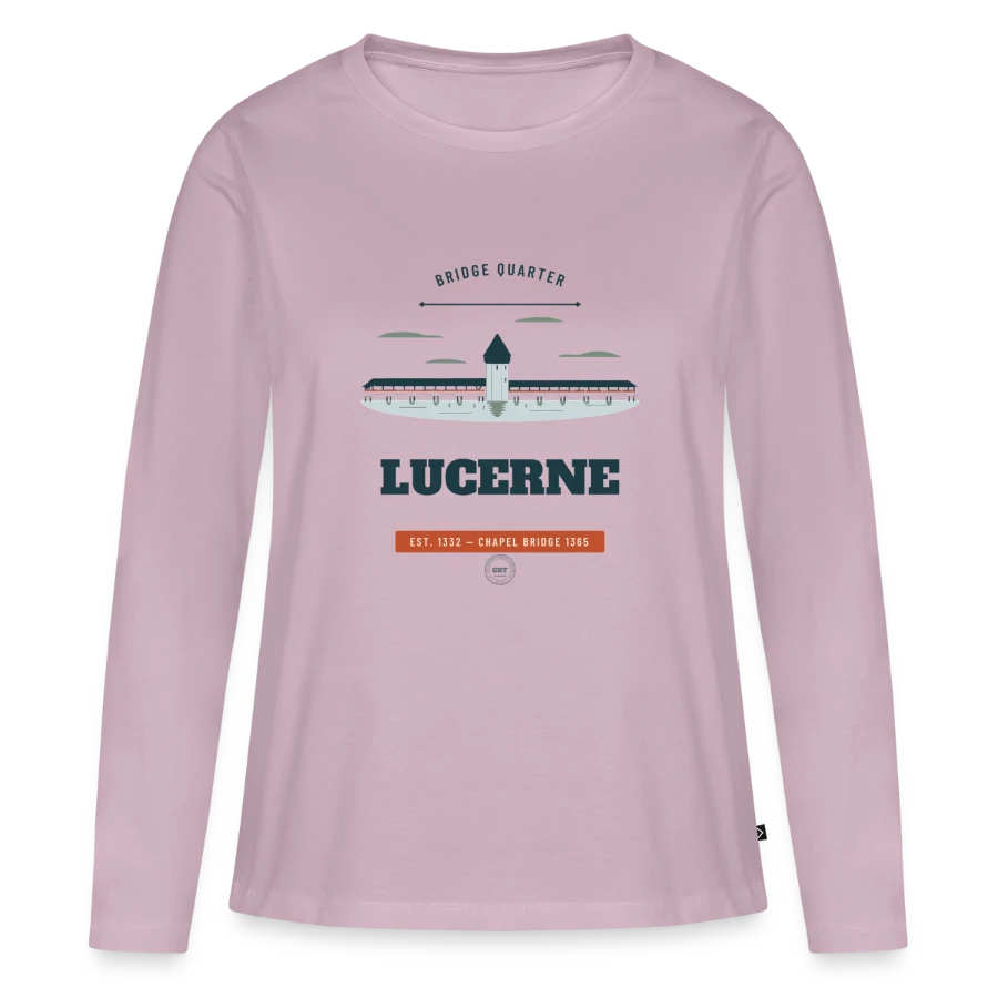 Lucerne badge on a women's premium organic long sleeve shirt, dusky pink