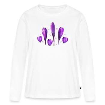 Crocus, Printemps, Signes Annonciateurs du Printemps - T-shirt manches longues Premium bio Femme - blanc - Devant - Julia (174cm)