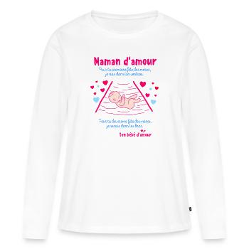 Carte de Bébé pour futur maman d’amour - T-shirt manches longues Premium bio Femme - blanc - Devant - Julia (174cm)
