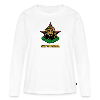 Rettet euch selbst, Der genervte Erlöser - Frauen Premium Bio Langarmshirt - Weiß - Vorne - Julia (174cm)