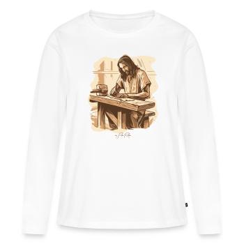 Jésus Joseph : le charpentier originel - T-shirt manches longues Premium bio Femme - blanc - Devant - Julia (174cm)