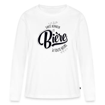 Santé, Bonheur et Bière - Idée cadeau humour bière - T-shirt manches longues Premium bio Femme - blanc - Devant - Julia (174cm)