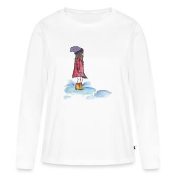 Une fille joue sous la pluie et saute dans une flaque - T-shirt manches longues Premium bio Femme - blanc - Devant - Julia (174cm)