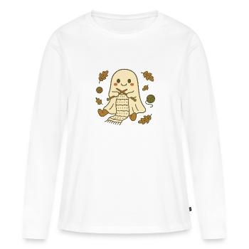 Cozy Ghost Knitting Fall Leaves – Cute Autumn Ghos - Women's Premium Organic Long Sleeve Shirt - white - Front - Julia (174cm)