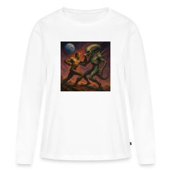 Kosmischer Kampf zwischen Mensch und Außerirdischem - Frauen Premium Bio Langarmshirt - Weiß - Vorne - Julia (174cm)